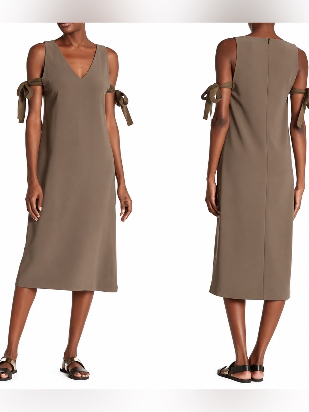 Theory Olive Green Cold Shoulder V-Neck Midi Dress Tie Sleeve Size 0